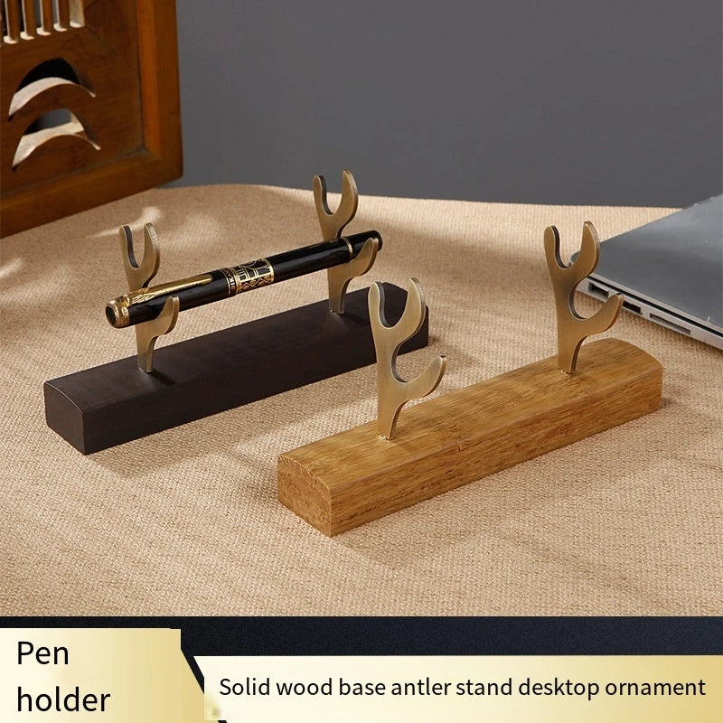 Solid Wood Metal Antler Pen Holder – Desktop Organizer Stand