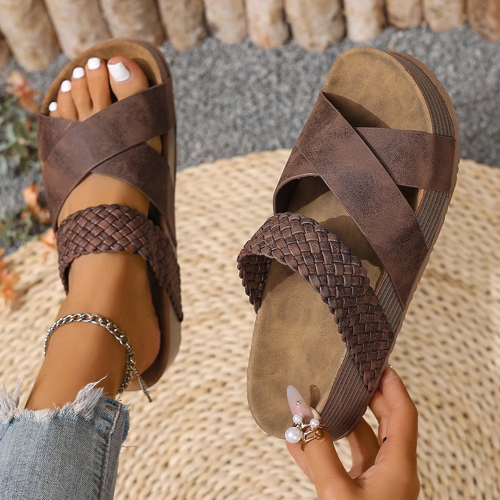 2026 New Women Sandals Sexy Open Toe Broad Band Shoes Women Crossover Slip-On Thick Platform Shoes Casual Flat Slippers Big Size Zpaxo