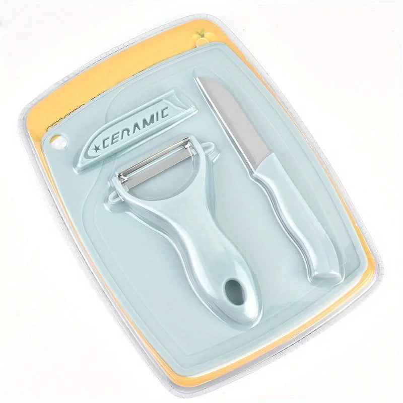 3PCS hree Piece Kitchen Multi-functional Melon And Fruit Knife Ceramic Fruit Knife Set T Peeler Vegetable Cutting Board Zpaxo Stainless Steel Blue