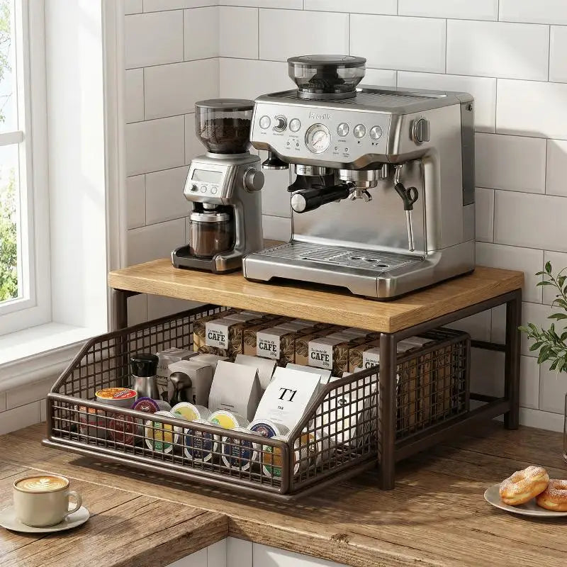 Microwave Rack Solid Wood with Metal Frame Kitchen Storage Stand Durable Organization Shelf for Countertops Zpaxo