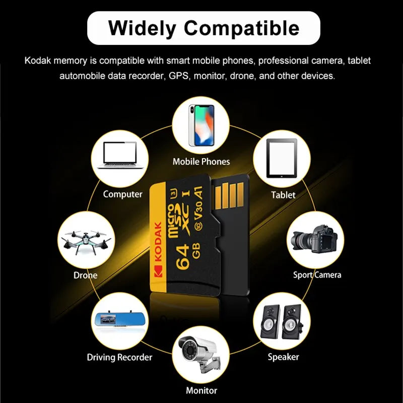 KODAK Micro SD Card Memory Card UP TO 100MB/s C10 U3 32GB 64GB 128GB 256GB TF Card 4K HD For USB Card Reader Adapter Microsd Zpaxo