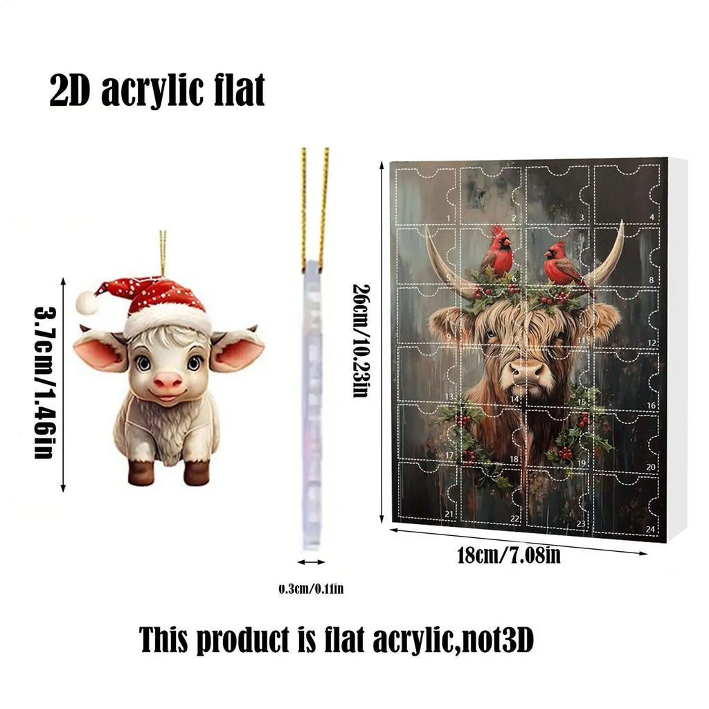 Christmas Advent Calendar Highland Cow Ornaments 2D Acrylic Cute