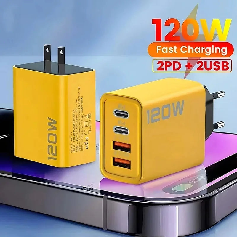 120W 4 Port Type C Fast Charging USB Phone Charger Adapter US EU Plug Charger For iPhone Xiaomi Huawei Quick Charge Wall Charger Zpaxo