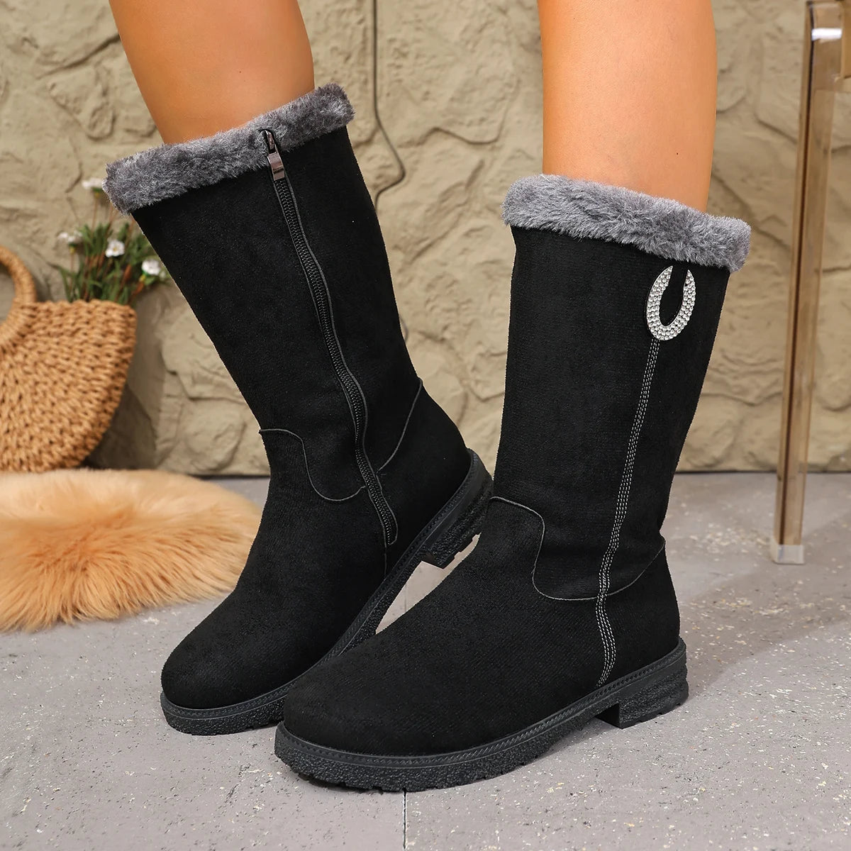Women Boots Flats Luxury Crystal Fur Shoes Mid Calf Snow Boots 2025 Winter Fashion Warm Sport Shoes Walking Chelsea Bootie Zpaxo