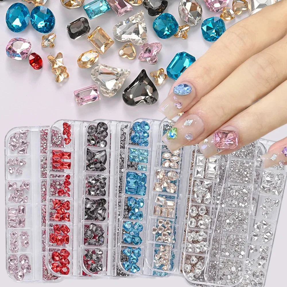 12 Grids 3D Nail Art Rhinestones Mixed Shapes Clear Glass Diamond Zpaxo