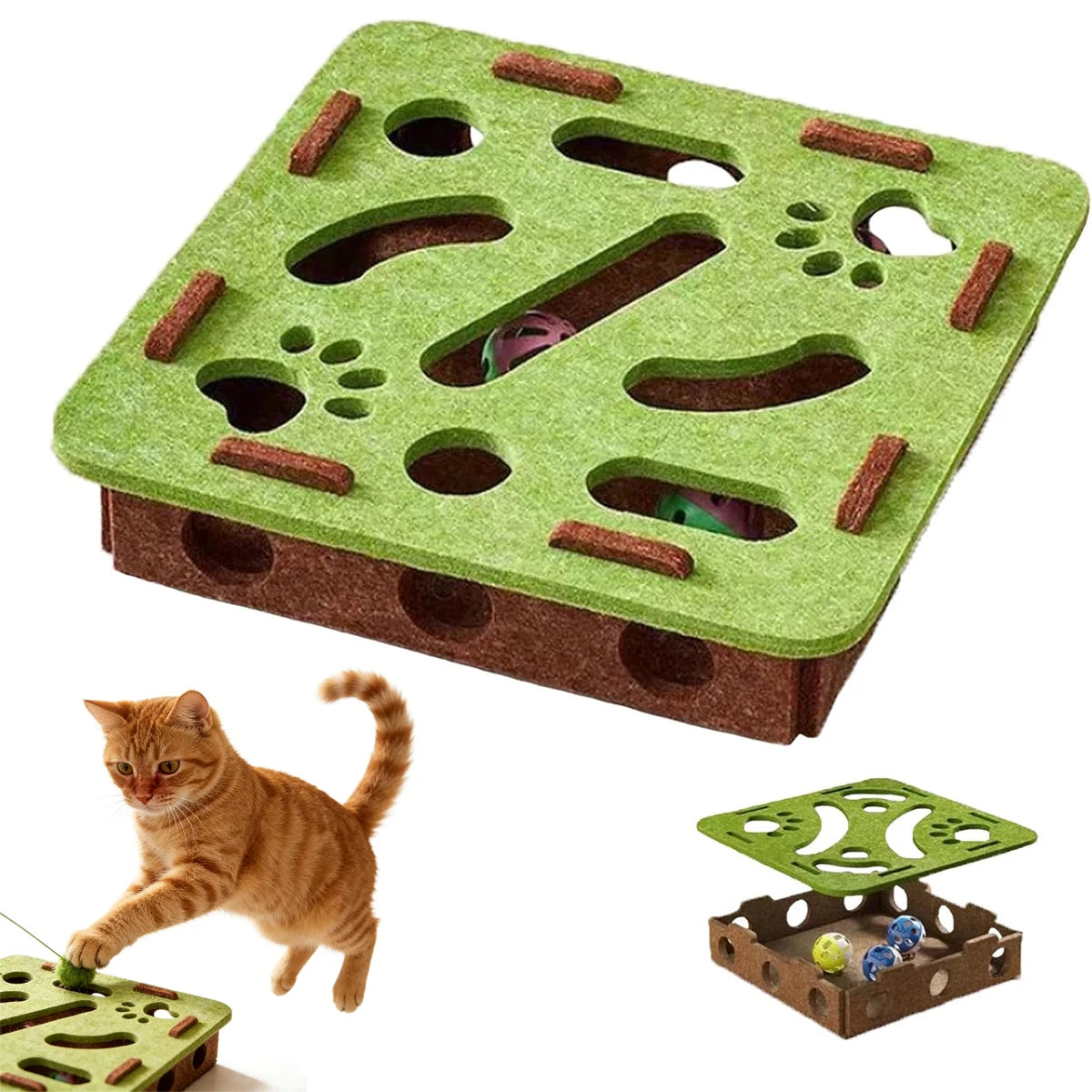 Felt Cat Puzzle Maze – Battery-Free Toy with 3 Bell Balls