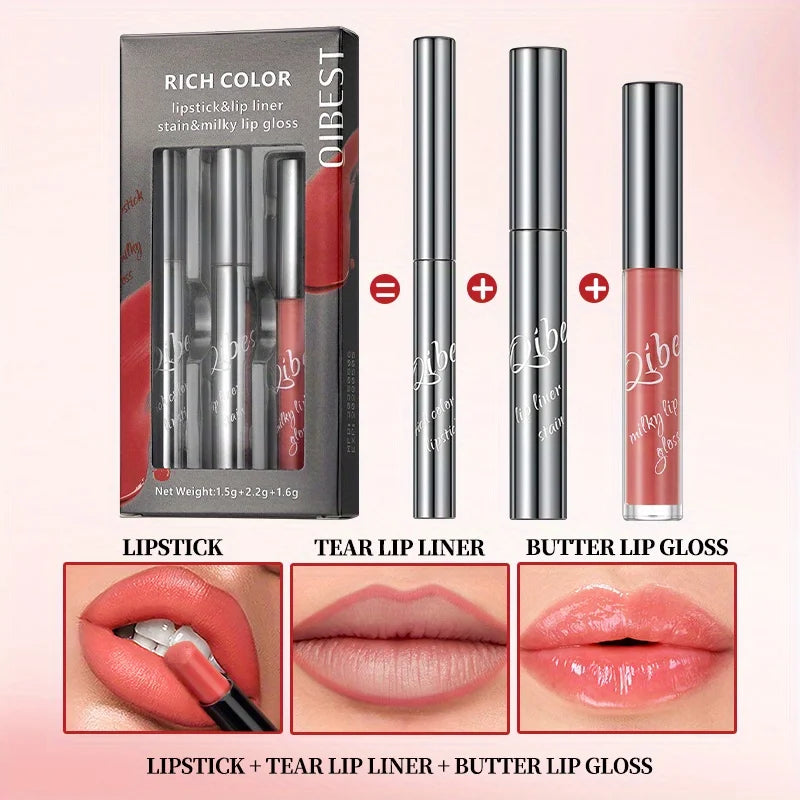 3-Pack Set Casual Lip Makeup Variety Lip Makeup Casual Matching Lipstick & Tear Lip Line & Butter Lip Gloss Zpaxo