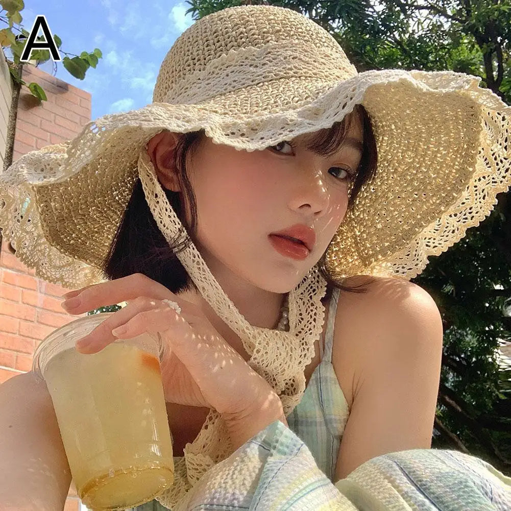 Women's Wide Brim Straw Sun Hat – Lace Beach UV Protection Women's Sun Hat Zpaxo A