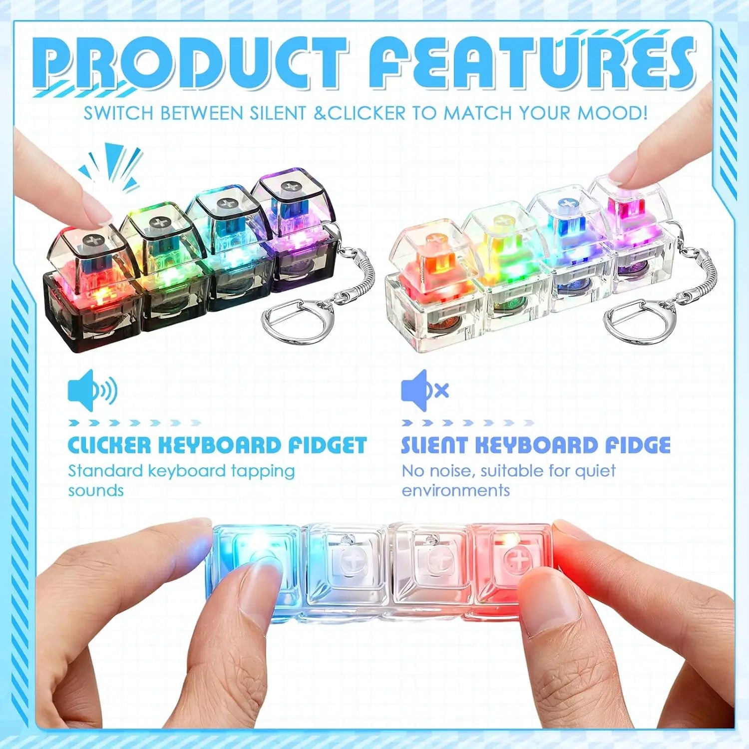 LED Light-up Keyboard Keychain Clickable Buttons Stress Relief Fidget