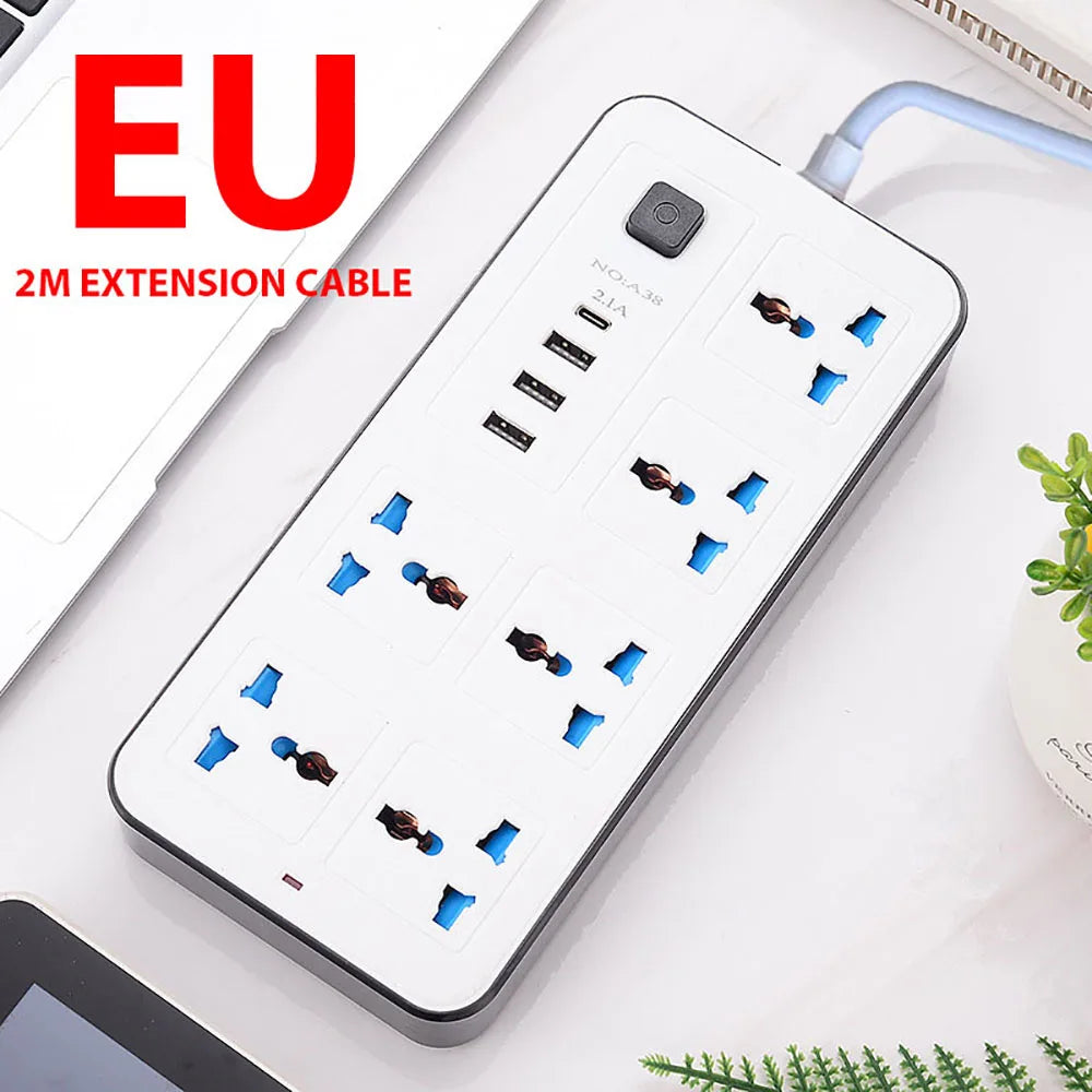 Universal Power Strip TypeC USB Port Outlet Power Strip 2M Extension Cord AC Power Socket Charge Electrical Socket EU US UK Plug Zpaxo White EU