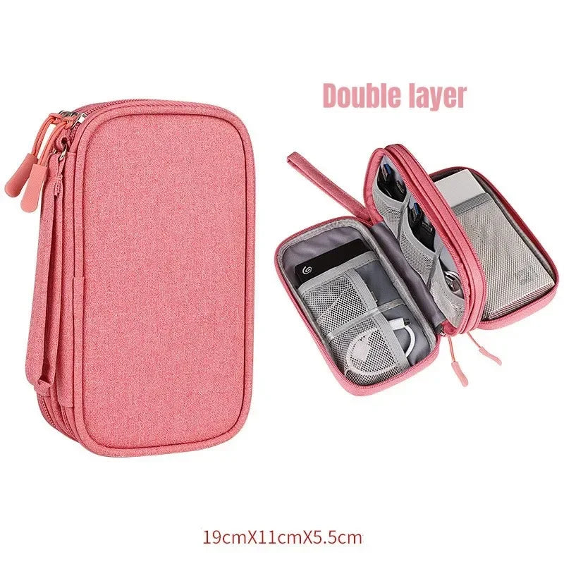 Large Size Travel Organizer Bag Cable Storage Organizers Pouch Carry Case Portable Waterproof Storage Bags for Cable Cord Zpaxo Pink Double layer-S