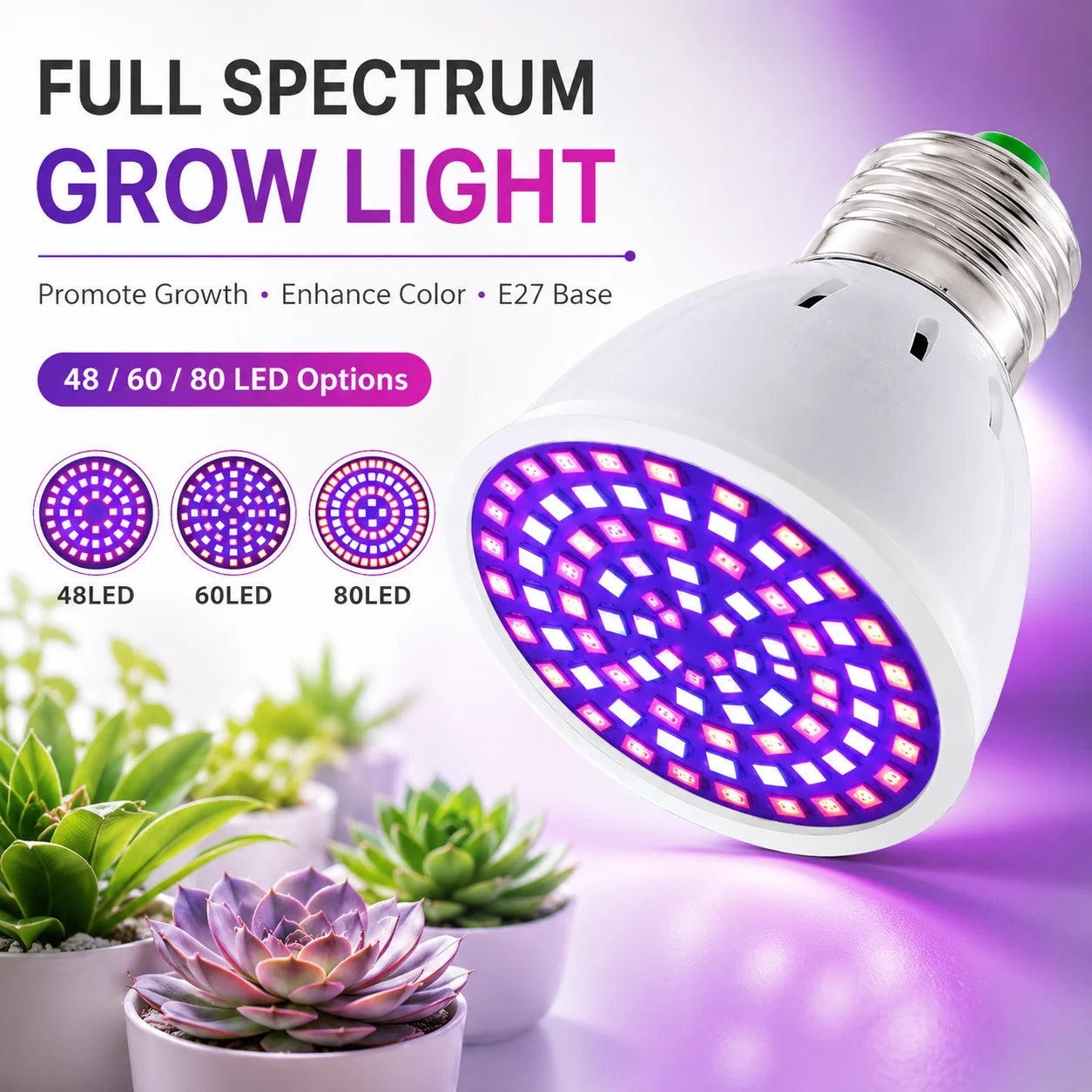 LED Grow Light Bulb E27 220V Full Spectrum 60/80LED Plant Lamp for Indoor Garden Seedling Greenhouse Hydroponics Grow Tent Zpaxo