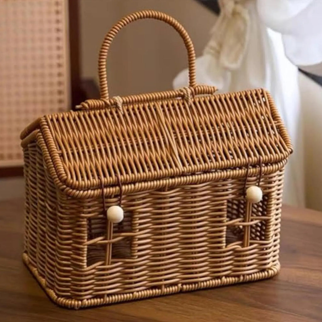 Rattan Storage Basket House Shape Lid Organizer Box Home Closet