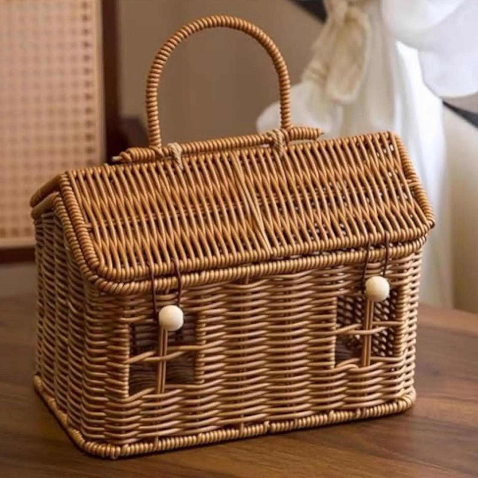 Rattan Storage Basket House Shape Lid Organizer Box Home Closet