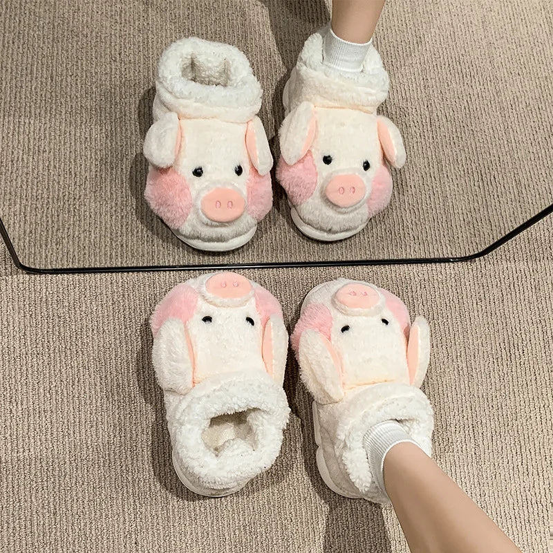 SHAJI Women Cute Cartoon Pig Plush Slippers Autumn Winter Thick Sole Zpaxo