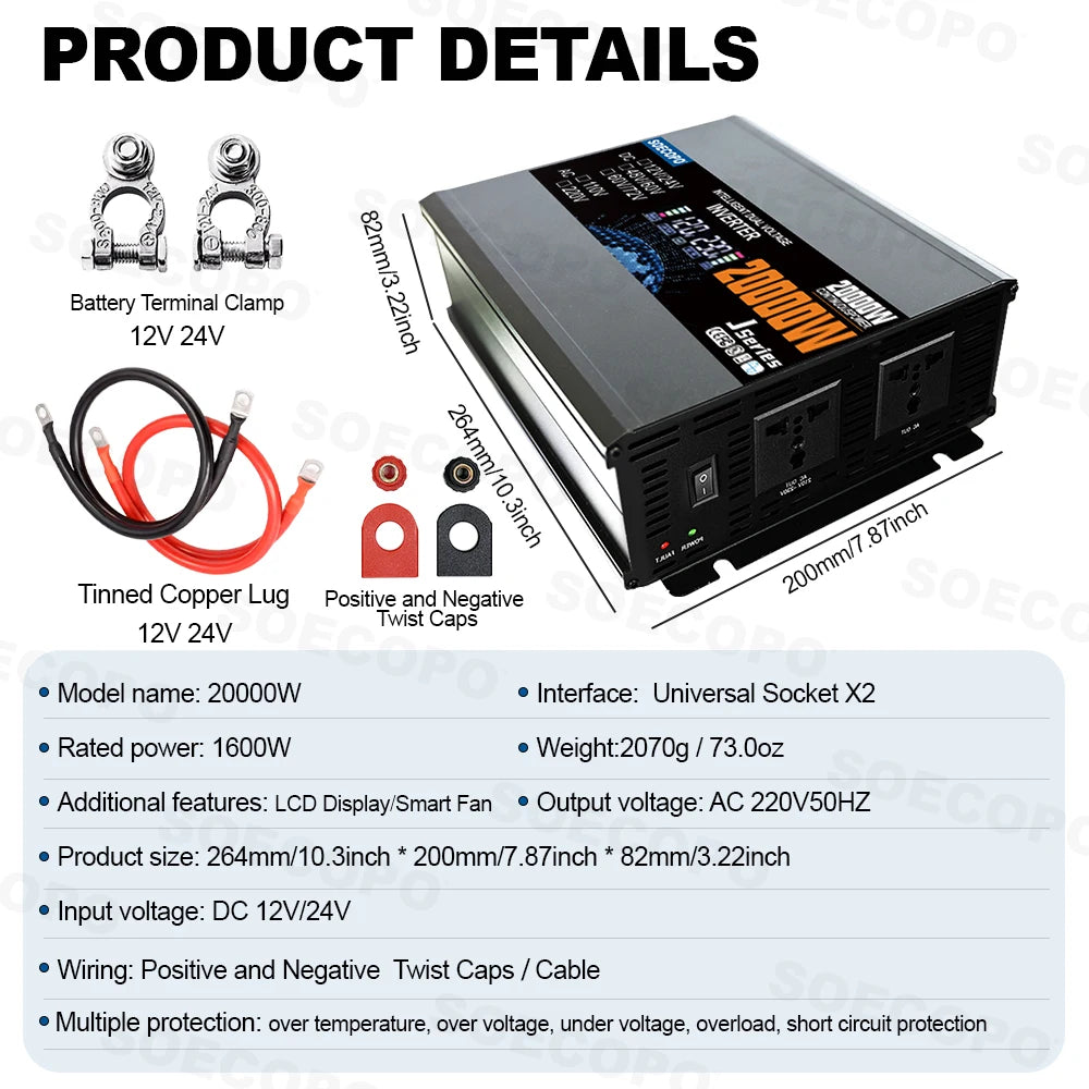 SOECOPO 20000W Off Grid Solar System Kit 2*300W Panel 12V 24V To 220V/110V Inverter Socket 100A Controller for Residence Camping Zpaxo