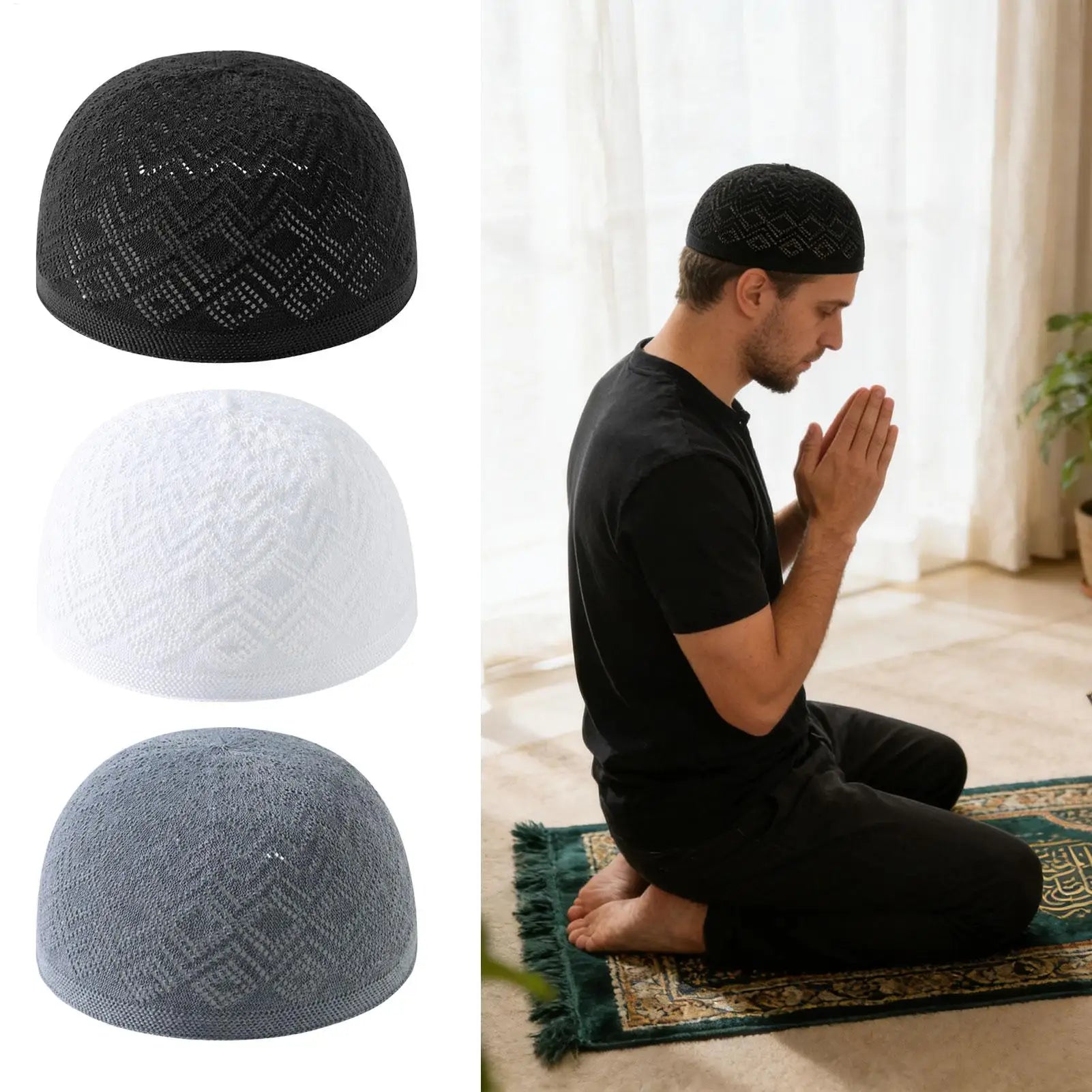 Kufi Hat Elastic Breathable Stretchable Soft Embroidery Cap Crochet