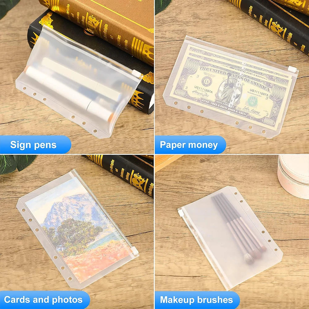 6/10Pcs A6 Binder Pockets with Zippers Clear Binder Inserts 6-Ring Budget Cash Envelopes for Student School Office Supplies Zpaxo