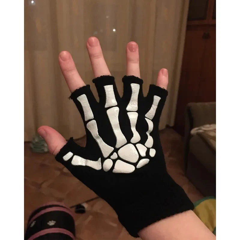 Glow-in-the-Dark Skeleton Fingerless Gloves – Unisex Halloween