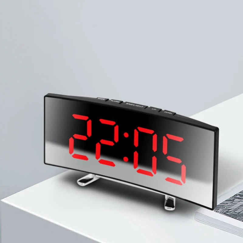 Creative Curved Electronic Clock LED Large Mirror Alarm Silent Smart