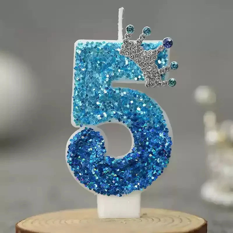Crown Decor Digital Birthday Candles Blue Sequins Cake Decoration