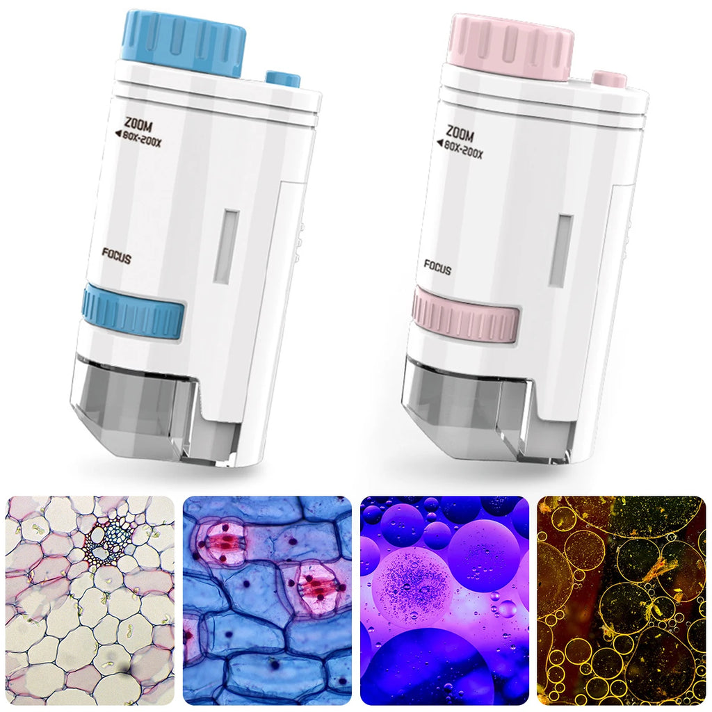 Kids Science Microscop 60-200x Pocket Microscope Porta Electric Mini Handheld Microscope Outdoor Educational Child Interest Toy Zpaxo
