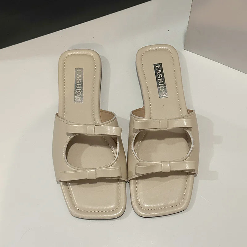 2025 Summer Designer Dress Slides Beach Shoes Women Bow Flat Slippers
