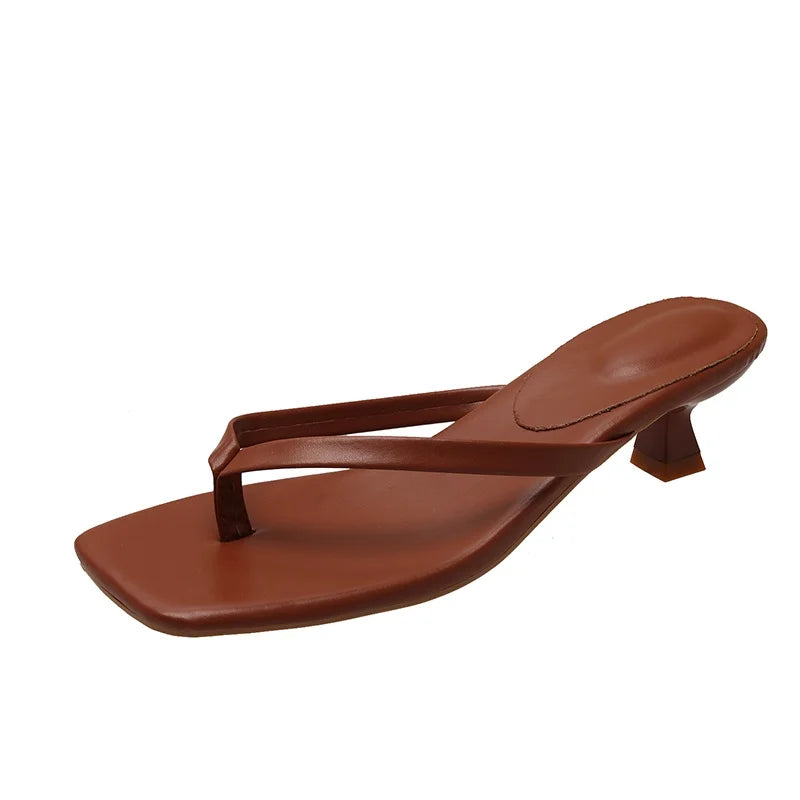 Fashion Round Toe Ladies Thin Heel Slippers Flip Flops Sandals Shoes Shallow Women Medium Heels Slippers Female Slides Pumps Zpaxo Brown 37