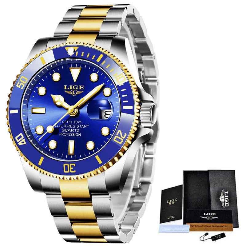 LIGE Top Brand Luxury Fashion Diver Watch Men 30ATM Waterproof Date Clock Sport Watches Mens Quartz Wristwatch Relogio Masculino Zpaxo Gold blue