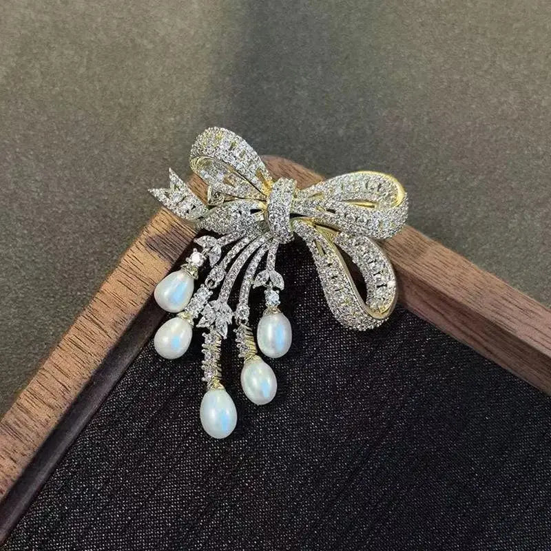Handmade Luxury Zircon Pearl Bowknot Tassel Pin Stunning Brooch Zpaxo