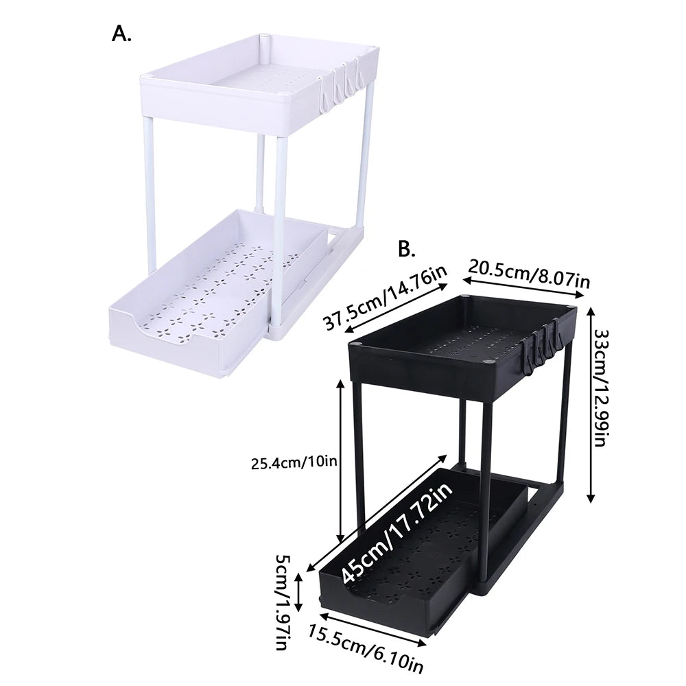 Under Sink Organizer Storage With Hooks 2-Tier Sliding Cabinet Basket Organizer Pull Out Sliding Drawer for Bathroom Kitchen Zpaxo