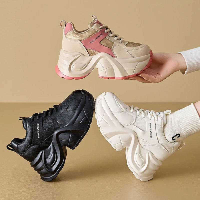 Women's Platform Chunky Sneakers Lace Up Design Sport Tag Detail Two Zpaxo