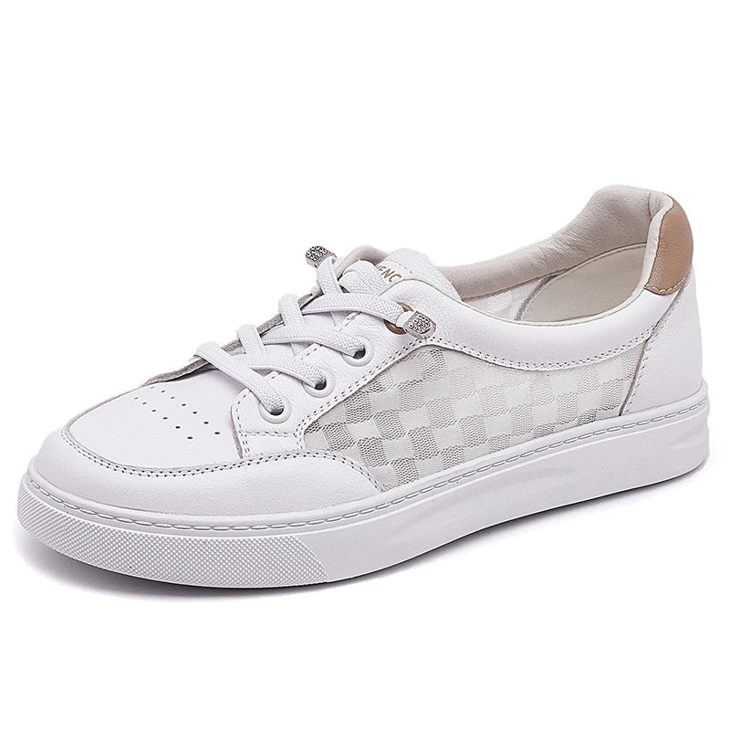 Breathable Checkerboard Mesh White Sneakers Women 2026 Summer Leather Zpaxo