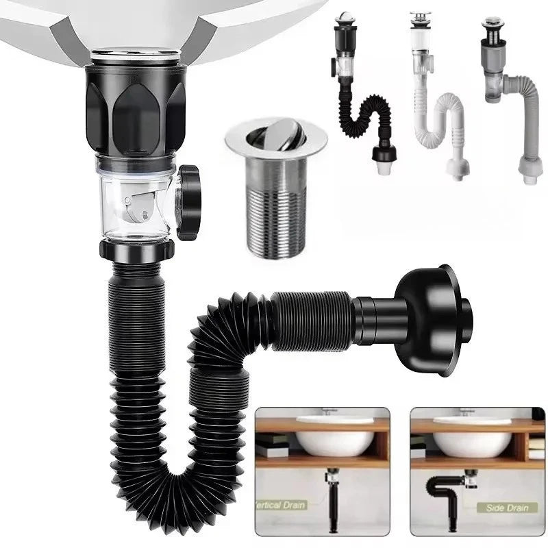 ABS Kitchen Sink Drain Pipe Adjustable P-trap Odor Clog Proof Slip