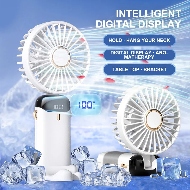 USB Handheld Fan Foldable Electric Fan Portable Rechargeable Fans With Lanyard Base Mini Fan With LED Display For Outdoor Travel Zpaxo White