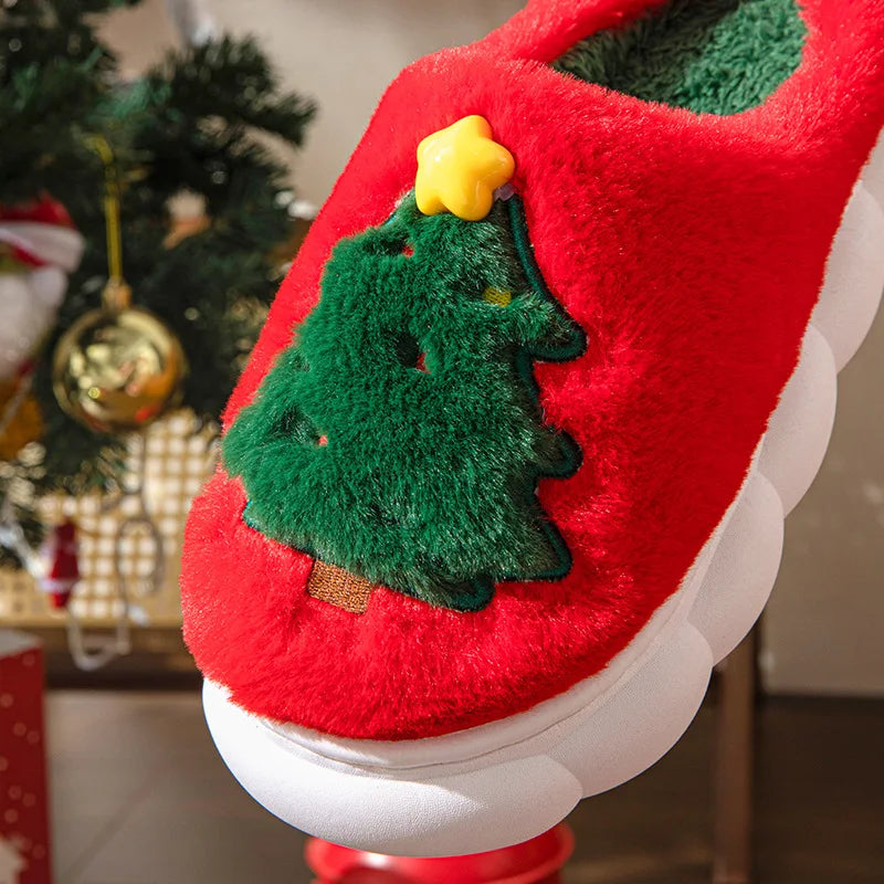Christmas Themed Plush Slippers Women Men Cozy Home Winter Indoor