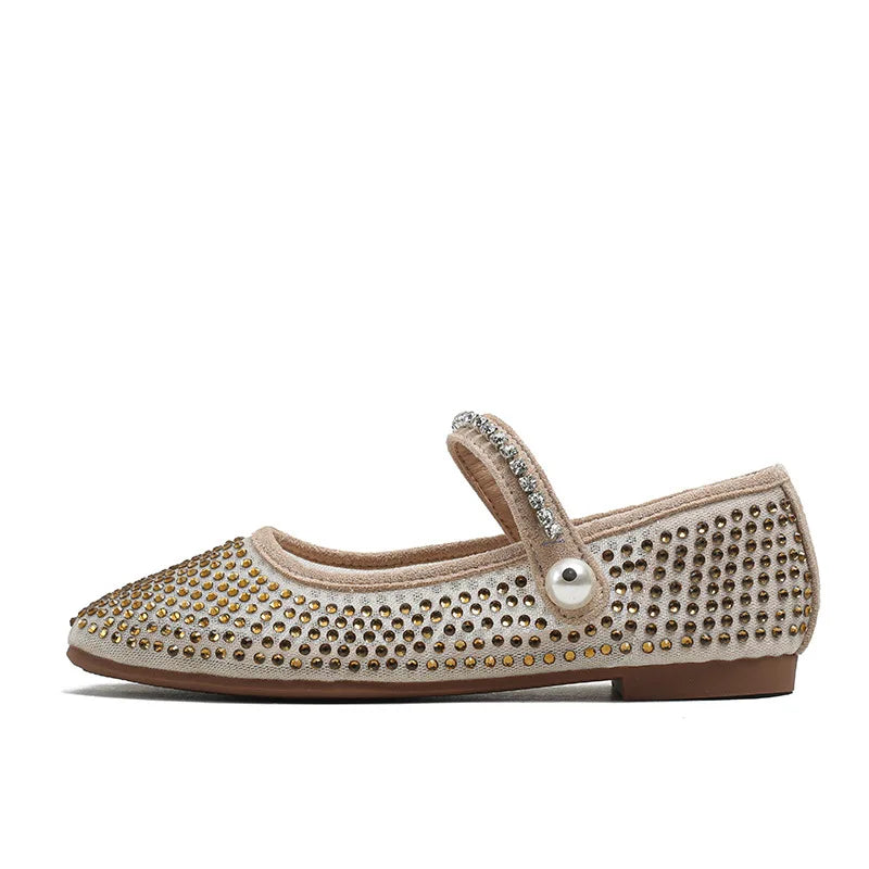 Flat Shoes for Women Spring and Autumn New Square Toe Mesh Full Diamond Pearls Mary Jane Women's Ladies Luxury Shoes Women Zpaxo