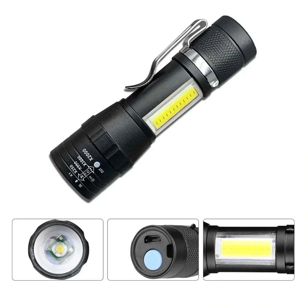 USB Rechargeable Mini LED Torch – COB+XPE Zoomable Flashlight