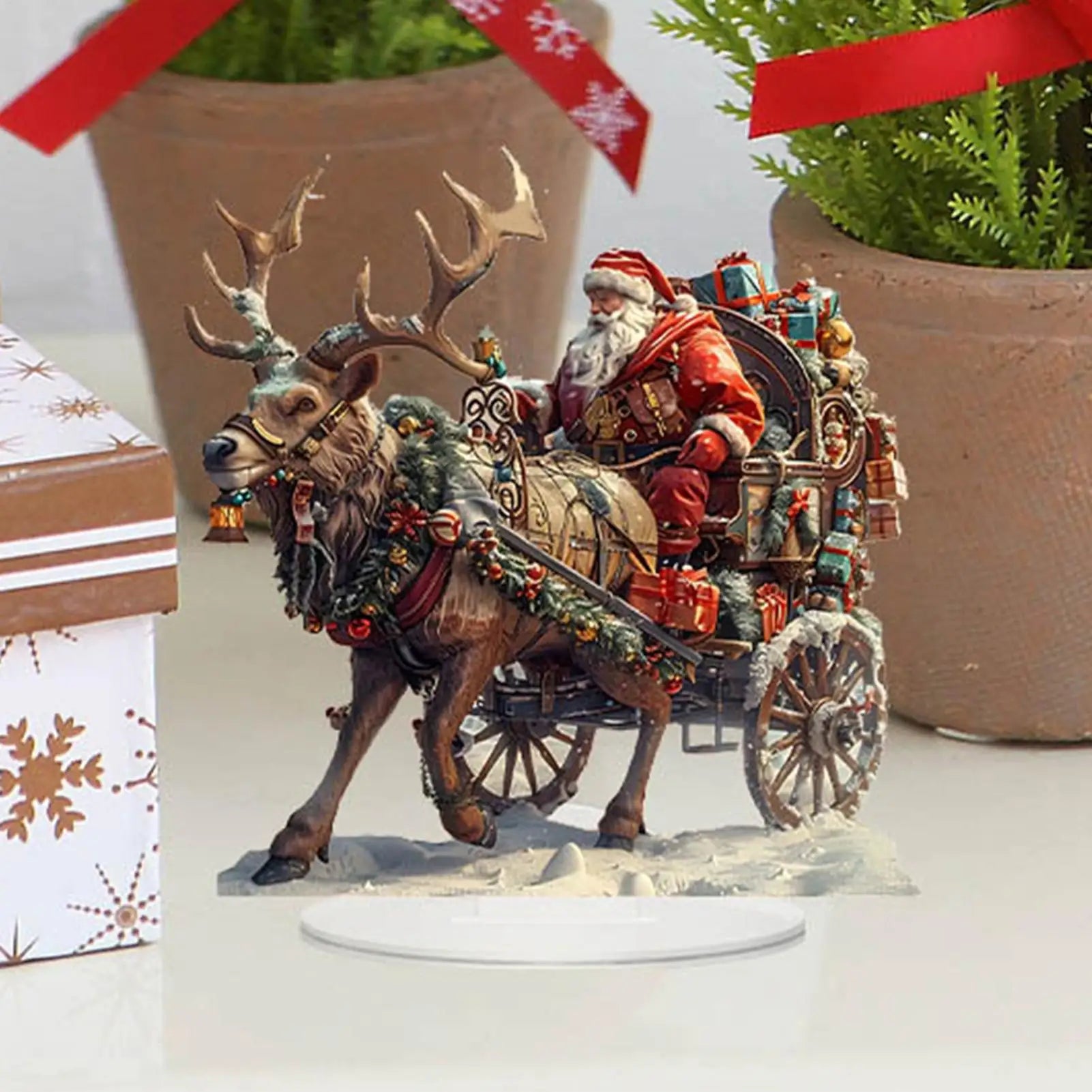 Santa Sleigh Reindeer Figurine 2D Acrylic Table Decor Deer Home Party