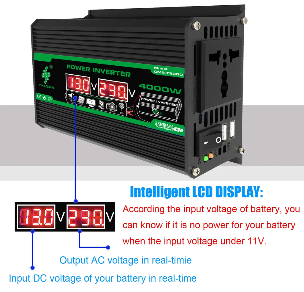 4000W DC 12V AC 110V 220V Dual USB LCD Display Solar Inverters