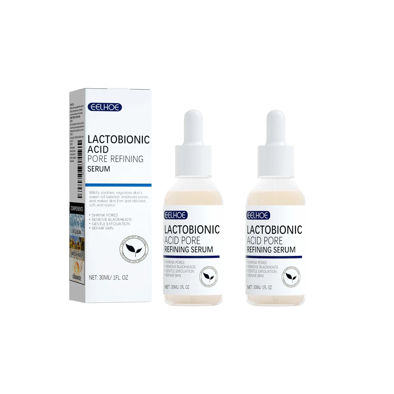 EELHOE Lactobionic Acid Pore Shrink Face Serum Skin Repair Remove Blackheads Acne Skin Care Lasting Moisturizing Korean Cosmetic Zpaxo 2PCS