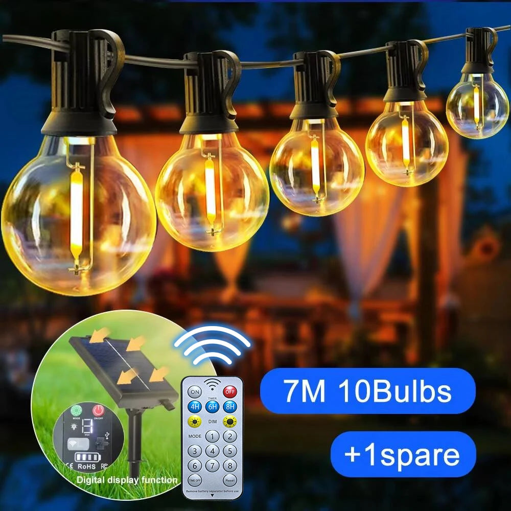 G40 Solar Outdoor Patio String Lights Remote Control Dimmable Waterproof Solar USB Charge String lights for Garden Balcony Decor Zpaxo 23FT 7M 10Bulbs Include RF Remote