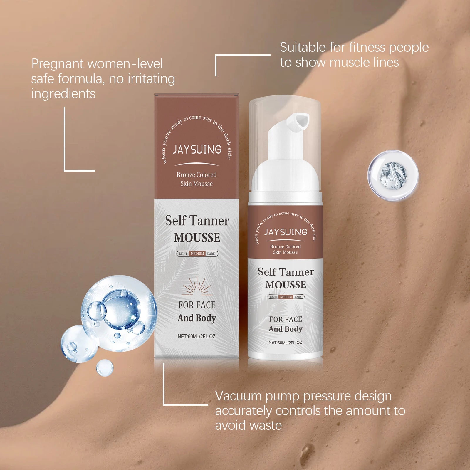 Jaysuing Self Tanner Mousse – Natural Sunless Tanning Foam 60ml Self Tanning Mousse Zpaxo