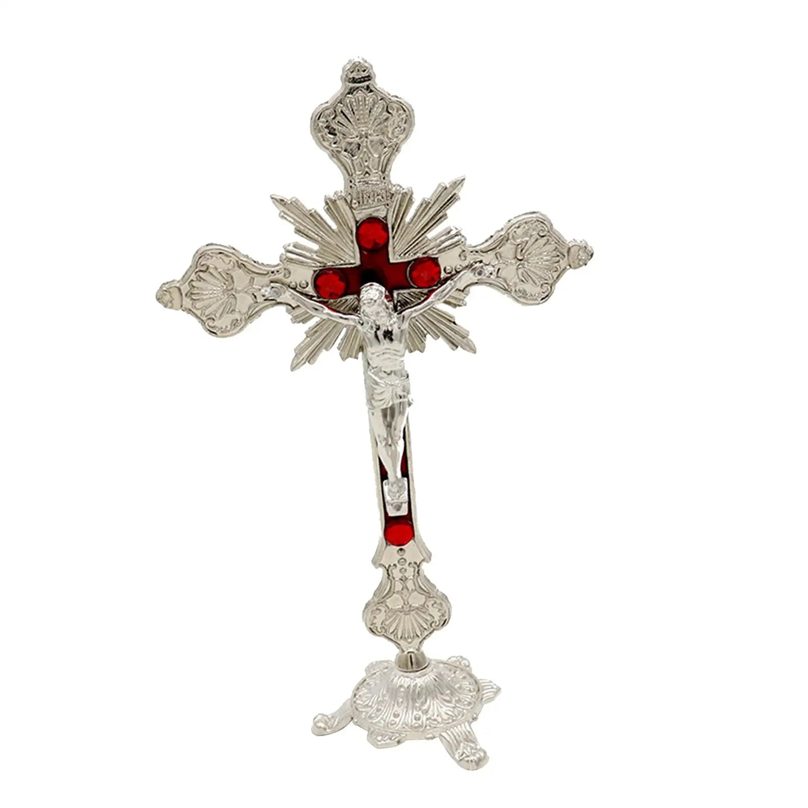 Standing Crucifix 10" Metal Jesus Cross with Tabletop Stand Religious Crucifix Decor Zpaxo Silver