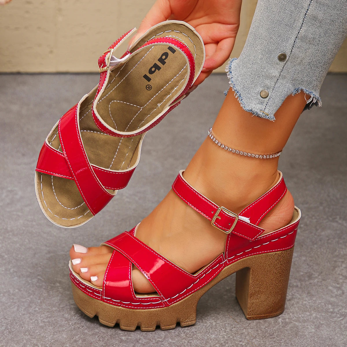 Women Thick Heel Sandals 2025 Platform Leather Heels Fashion Designer