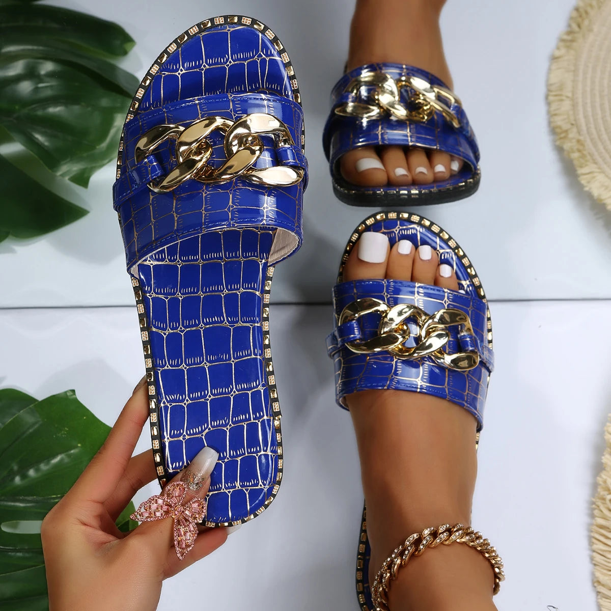Women Slippers Fashion Sexy Chain Lock Solid Sandals Roman Flat Zpaxo Blue 35
