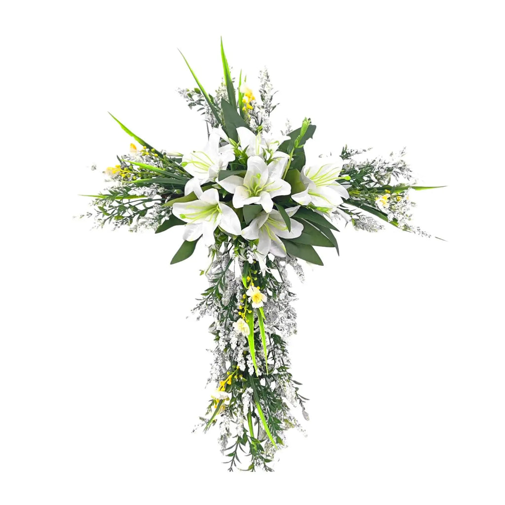 Easter Liliaceous Cross Wreath Garland Welcome Sign 20x15.7inch Artificial Flower for Indoor Outdoor Multipurpose Sturdy Zpaxo