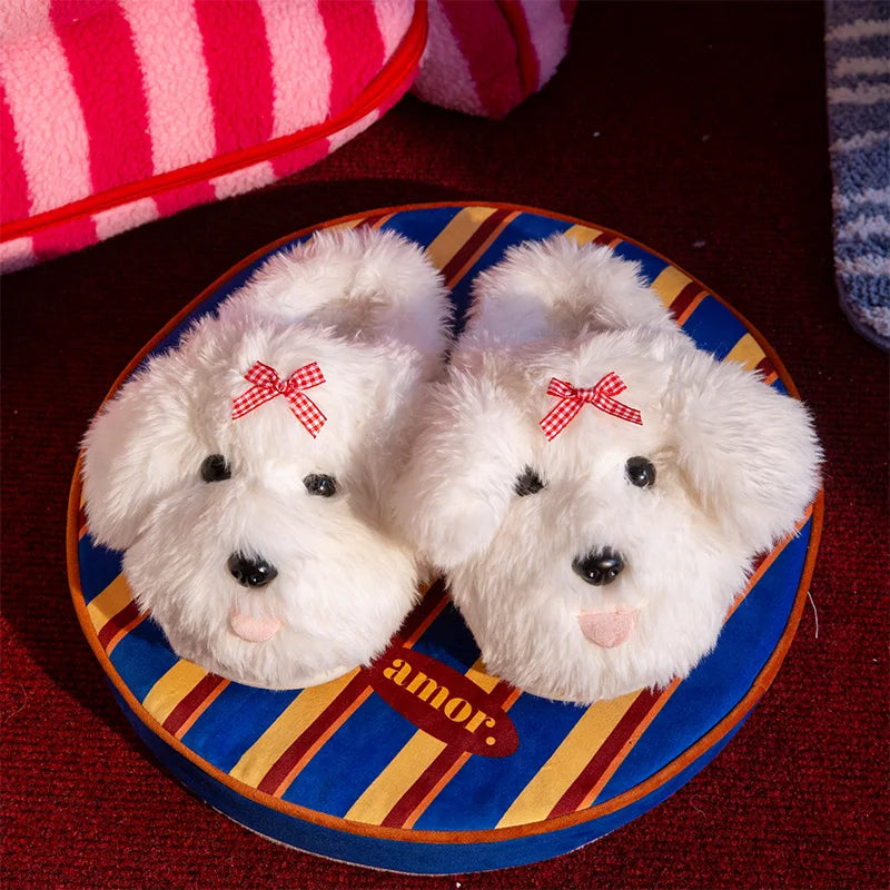 SHAJI Cute Cotton Dog Home Slippers Women Winter Bowtie Decor Indoor