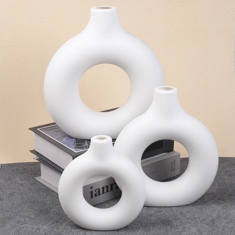 Donut Plastic Vase White Black Pink Cute Round Vase Flowerpot Ornaments for Living Room Dining Table Office Home Decor Zpaxo