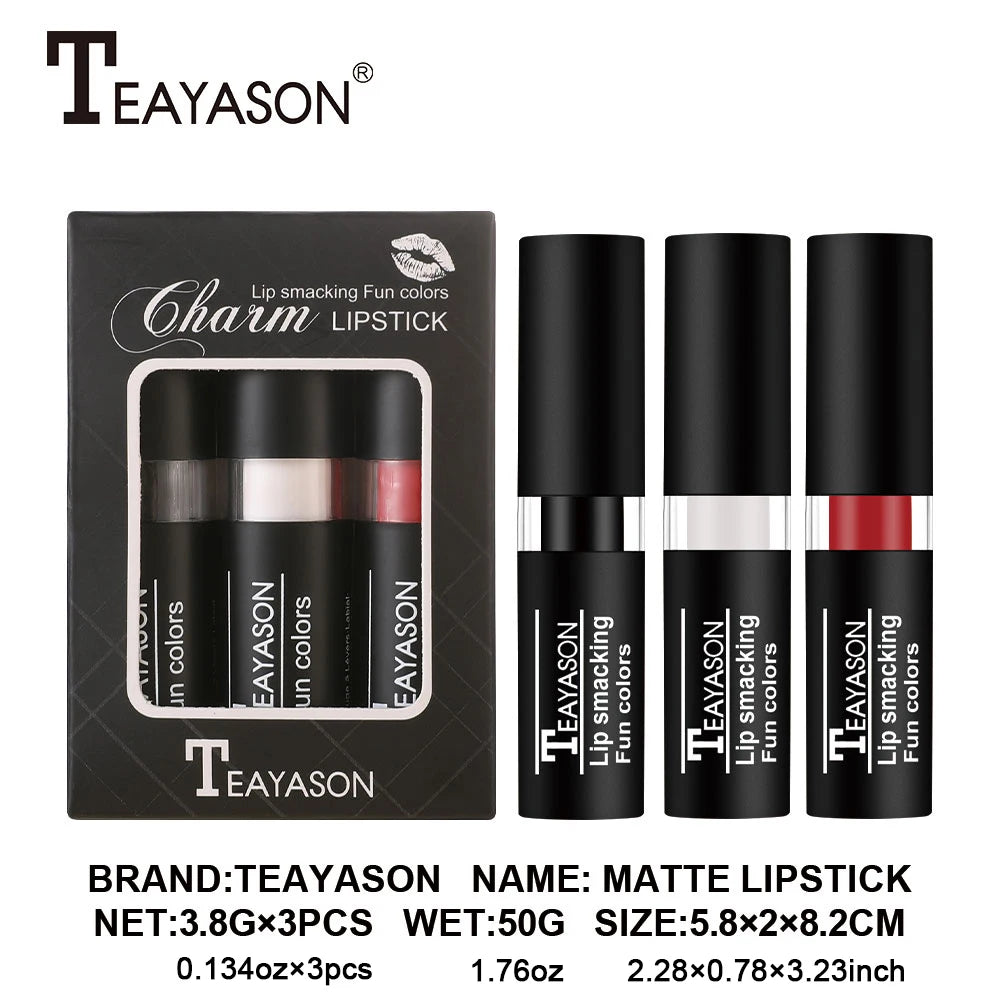 Three-Piece Lipstick Set, Velvet Matte, Brightening Lipstick, Long-Lasting, Non-Drying, Black, White, Red, Waterproof, Sweat-Proof, European and American Style Lipstick Set Zpaxo